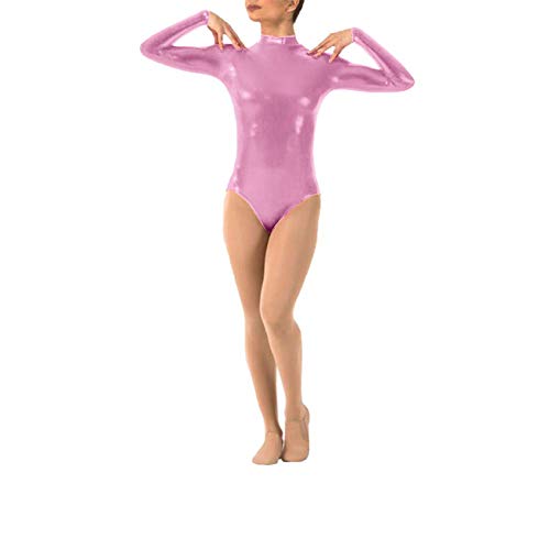 IWEMEK Damen Ballettanzug Glänzende Langarm Body Wetlook Danz Ballett Trikot Gymnastikanzug Turnanzug Metallic Einteiler Lack Leder Bodysuit Overall Leotard Top Kostüme Rosa S von IWEMEK