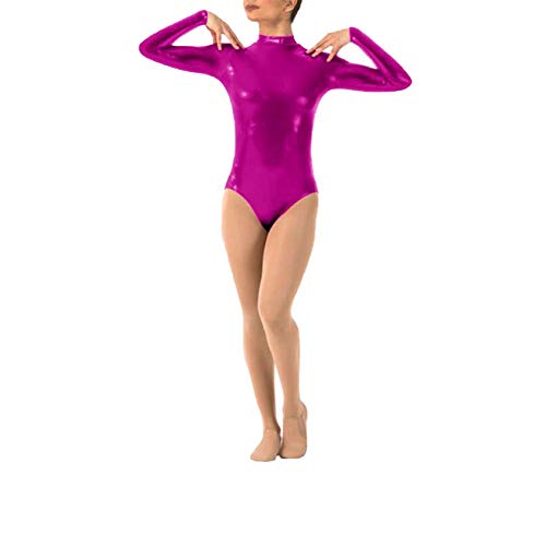 IWEMEK Damen Ballettanzug Glänzende Langarm Body Wetlook Danz Ballett Trikot Gymnastikanzug Turnanzug Metallic Einteiler Lack Leder Bodysuit Overall Leotard Top Kostüme Rose 3XL von IWEMEK