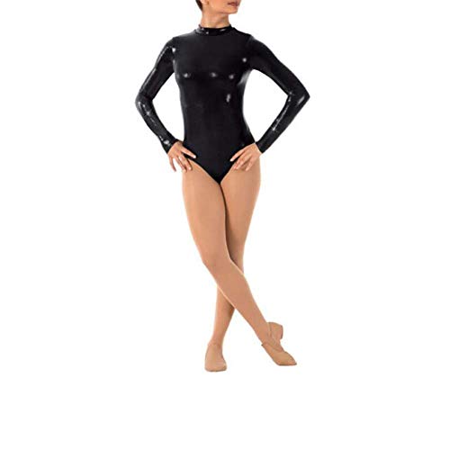 IWEMEK Damen Ballettanzug Glänzende Langarm Body Wetlook Danz Ballett Trikot Gymnastikanzug Turnanzug Metallic Einteiler Lack Leder Bodysuit Overall Leotard Top Kostüme Schwarz XS von IWEMEK