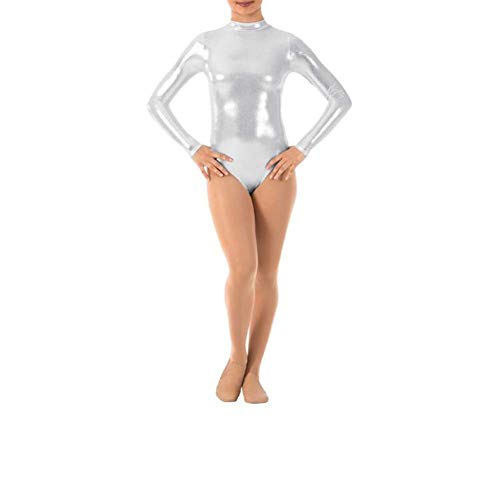 IWEMEK Damen Ballettanzug Glänzende Langarm Body Wetlook Danz Ballett Trikot Gymnastikanzug Turnanzug Metallic Einteiler Lack Leder Bodysuit Overall Leotard Top Kostüme Silber 2XL von IWEMEK