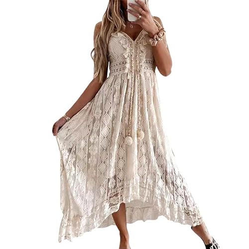 IWEMEK Damen Boho Blumen Spitzenkleid Häkelquaste Hochzeitskleid Brautjungfernkleid Abendkleid Partykleid Cocktailkleid Sommerkleid Strandkleider Freizeitkleid Beige 02 M von IWEMEK