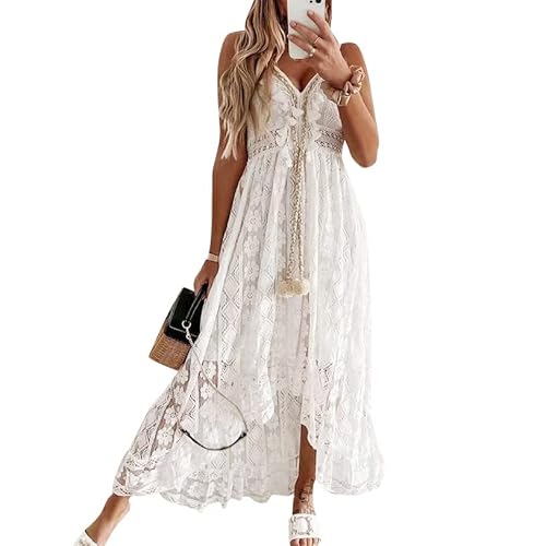 IWEMEK Damen Boho Blumen Spitzenkleid Häkelquaste Hochzeitskleid Brautjungfernkleid Abendkleid Partykleid Cocktailkleid Sommerkleid Strandkleider Freizeitkleid Weiß 04 L von IWEMEK