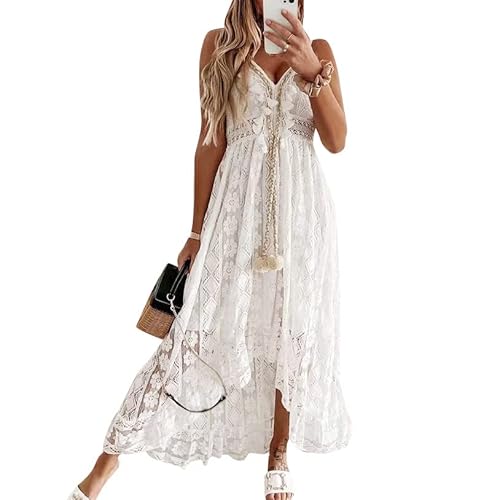 IWEMEK Damen Boho Blumen Spitzenkleid Häkelquaste Hochzeitskleid Brautjungfernkleid Abendkleid Partykleid Cocktailkleid Sommerkleid Strandkleider Freizeitkleid Weiß 04 S von IWEMEK