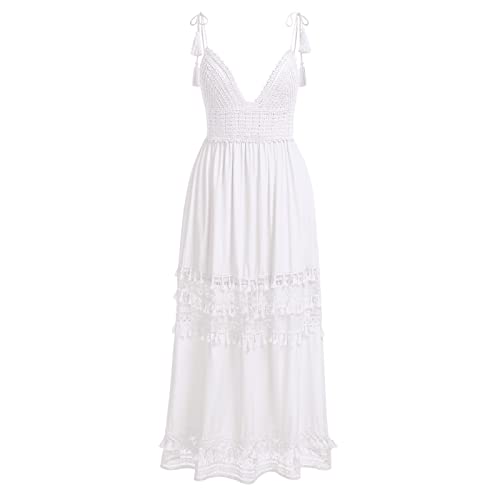 IWEMEK Damen Boho Blumen Spitzenkleid Häkelquaste Hochzeitskleid Brautjungfernkleid Abendkleid Partykleid Cocktailkleid Sommerkleid Strandkleider Freizeitkleid Weiß 05 3XL von IWEMEK
