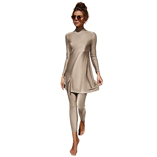 IWEMEK Damen Burkini Dezente Bademode Rash Guard Langarm Badeanzug Badekleid Top + Hose Ganzkörper Badeanzüge Mittlerer Osten Arabisch Islamische Strandbekleidung Aprikose 01 L von IWEMEK