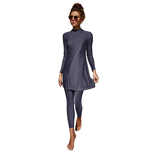 IWEMEK Damen Burkini Dezente Bademode Rash Guard Langarm Badeanzug Badekleid Top + Hose Ganzkörper Badeanzüge Mittlerer Osten Arabisch Islamische Strandbekleidung Grau Blau 02 XL von IWEMEK