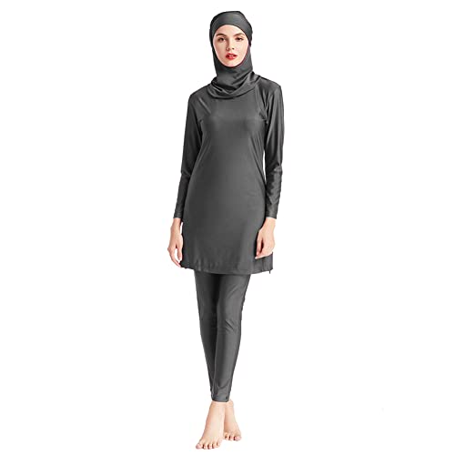 IWEMEK Damen Ganzkörper Burkini Badeanzüge Bescheidene Muslimische Bademode Solide Langarm Schwimmen Top + Hose + Hijab 3tlg Islamischer Badeanzug Arabisch Beachwear Grau M von IWEMEK