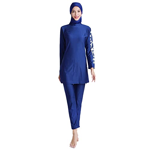 IWEMEK Damen Ganzkörper Burkini Badeanzüge Bescheidene Muslimische Bademode Solide Langarm Schwimmen Top + Hose + Hijab 3tlg Islamischer Badeanzug Arabisch Beachwear Königsblau Blumen XL von IWEMEK