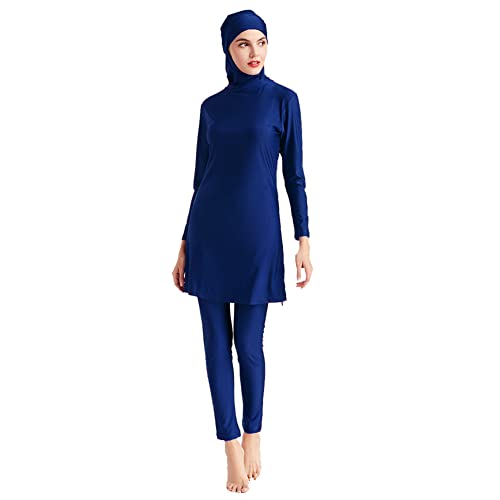 IWEMEK Damen Ganzkörper Burkini Badeanzüge Bescheidene Muslimische Bademode Solide Langarm Schwimmen Top + Hose + Hijab 3tlg Islamischer Badeanzug Arabisch Beachwear Marineblau 2XL von IWEMEK