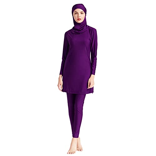 IWEMEK Damen Ganzkörper Burkini Badeanzüge Bescheidene Muslimische Bademode Solide Langarm Schwimmen Top + Hose + Hijab 3tlg Islamischer Badeanzug Arabisch Beachwear Violett L von IWEMEK