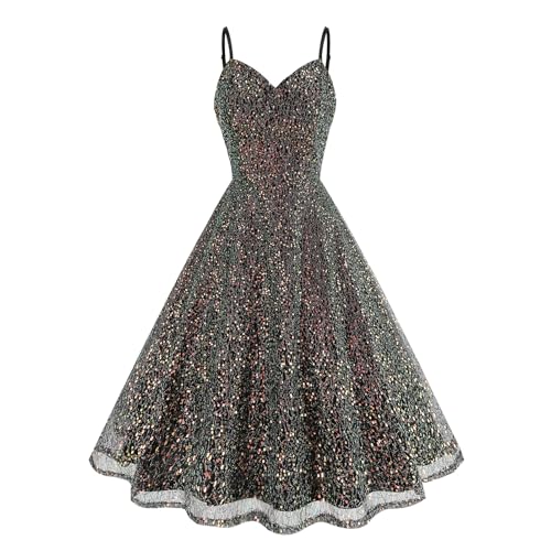 IWEMEK Damen Glitzer Pailletten Kleid Spaghettiträger Funkelndes Partykleid Sparkly Homecoming Kleid Kurz Hochzeit Cocktailkleid, Schwarz, Klein von IWEMEK