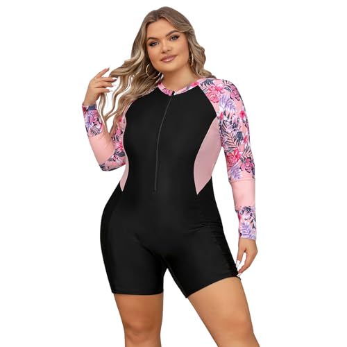 IWEMEK Damen Große Größen Einteiliger Badeanzug Farbblock Boyleg Rash Guard Badebekleidung mit BH Bauchkontrolle Sport Surfanzug Taucheranzug Strandbekleidung Rosa 3XL von IWEMEK