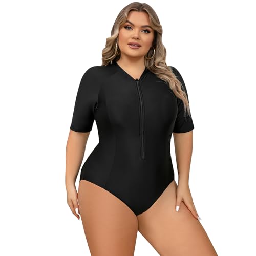 IWEMEK Damen Große Größen Einteiliger Badeanzug Farbblock Boyleg Rash Guard Badebekleidung mit BH Bauchkontrolle Sport Surfanzug Taucheranzug Strandbekleidung Schwarz 4XL von IWEMEK