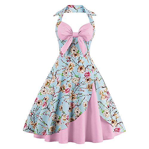 IWEMEK Damen Halter Vintage 1950er Rockabilly Retro Kleider Elegantes 50er Pinup Hepburn-Stil Swing Neckholder Knielang Abendekleider Partykleider Cocktailkleider Faltenrock Hell Rosa 4XL von IWEMEK