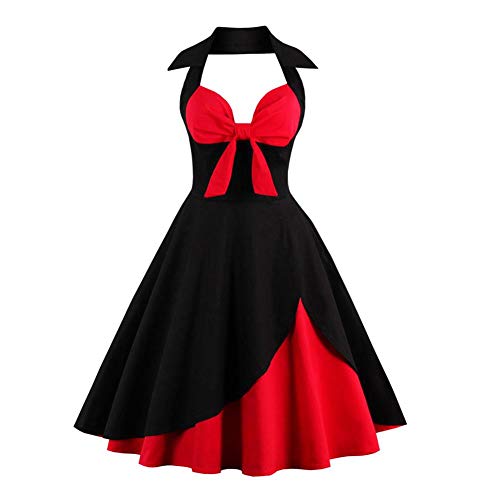 IWEMEK Damen Halter Vintage 1950er Rockabilly Retro Kleider Elegantes 50er Pinup Hepburn-Stil Swing Neckholder Knielang Abendekleider Partykleider Cocktailkleider Faltenrock Schwarz + Rot M von IWEMEK