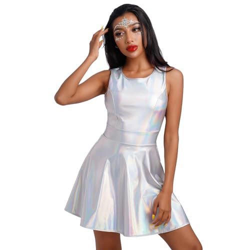 IWEMEK Damen Holographisch Metallisch Minikleid Skaterkleid Neon Glänzendes Lackleder Wetlook Club 80er Disco Tanz Rave Festival Partykleid Halloween Karneval Kostüm Laser Silber S von IWEMEK