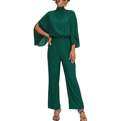 IWEMEK Damen Lang Jumpsuit Weitem Bein Overall Hose Mock Hals Schlitz 3/4 Fledermausärmel Elastische Taille Schlüsselloch Rücken Strampler Festlich Party Hochzeit Einteiler Grün L von IWEMEK