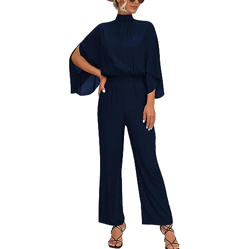 IWEMEK Damen Lang Jumpsuit Weitem Bein Overall Hose Mock Hals Schlitz 3/4 Fledermausärmel Elastische Taille Schlüsselloch Rücken Strampler Festlich Party Hochzeit Einteiler Marineblau L von IWEMEK