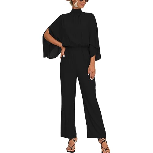 IWEMEK Damen Lang Jumpsuit Weitem Bein Overall Hose Mock Hals Schlitz 3/4 Fledermausärmel Elastische Taille Schlüsselloch Rücken Strampler Festlich Party Hochzeit Einteiler Schwarz L von IWEMEK