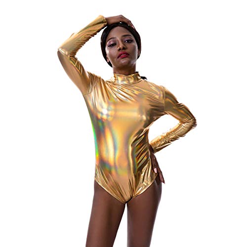 IWEMEK Damen Laser Metallic Langarm Ballett Tanz Trikot Leotard Glänzende Ballettanzug Ballettbody Tanzbody Lack Leder Bodysuit Wetlook Body Sport Gymnastik Turnanzug Top Kostüm Gold L von IWEMEK