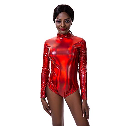 IWEMEK Damen Laser Metallic Langarm Ballett Tanz Trikot Leotard Glänzende Ballettanzug Ballettbody Tanzbody Lack Leder Bodysuit Wetlook Body Sport Gymnastik Turnanzug Top Kostüm Rot L von IWEMEK