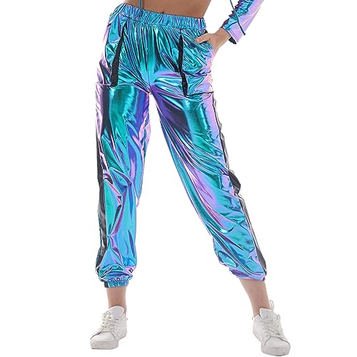 IWEMEK Damen Metallic Glänzend Wetlook Trainingsanzug 80er Hip Hop Rave Festival Outfits Holografisch Kurzarm Crop Top + Jogginghose Laser Jogginganzug Party Disco Tanz Clubwear #C: Laser Blau XXL von IWEMEK
