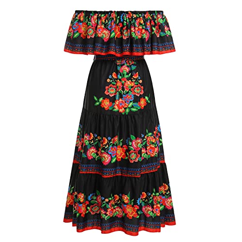 IWEMEK Damen Mexikanisches Kleid Volant Schulterfreies langes Blumenkleid mit Gürtel Sommer Boho Cinco de Mayo Tag der Toten Festkleid Halloween Karneval Festzug Partykleid Schwarz L von IWEMEK