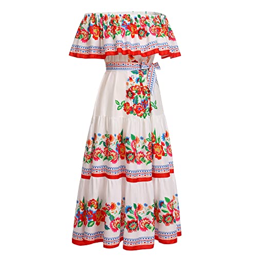 IWEMEK Damen Mexikanisches Kleid Volant Schulterfreies langes Blumenkleid mit Gürtel Sommer Boho Cinco de Mayo Tag der Toten Festkleid Halloween Karneval Festzug Partykleid Weiß M von IWEMEK