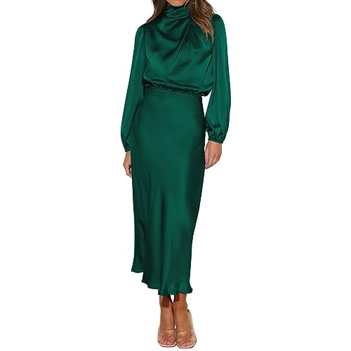 IWEMEK Damen Stehkragen Laterne Langarm Satin Abendkleid Lange Cocktailkleid Rüschen Partykleid Brautjungfer Hochzeitsgast Elastische Taille Herbst Winter Kleider Dunkelgrün L von IWEMEK