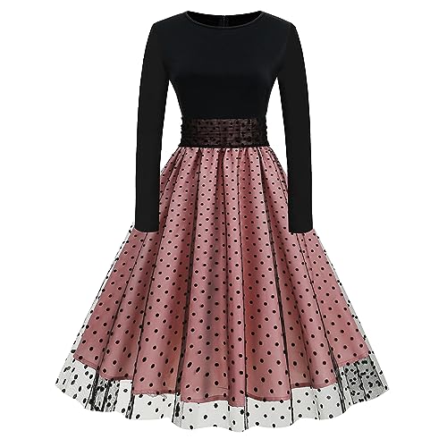 IWEMEK Damen Vintage Polka Dot 1950er Audrey Retro Rockabilly Ballkleid 50er Jahre Langarm Patchwork Cocktail Party Swing Kleid, Pink, X-Groß von IWEMEK
