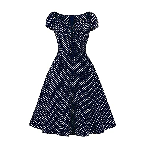 IWEMEK Damen Vintage Retro Polka Dots Rockabilly Swing Kleid 1950er Jahre Pinup Audrey Hepburn Stil 50er 60er Schatzausschnitt A-Linie Sommer Freizeit Party Abendkleid Cocktailkleid Navy Blau L von IWEMEK