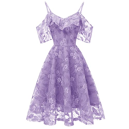 IWEMEK Damen Vintage Spitzenkleid Kalte Schulter Spaghettiträger Ärmellos V-Ausschnitt Rückenfreie A-Linie Swing Kleider Hochzeit Brautkleider Cocktailkleid Party Abendkleid Violet XXL von IWEMEK