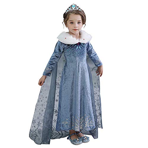 IWEMEK Eiskönigin Kostüm Prinzessin Anna Elsa Kostüm mit langem Umhang Kinder Mädchen Geburtstag Weihnachten Halloween Karneval Cosplay Party Kostüm 01 5-6 Jahre von IWEMEK