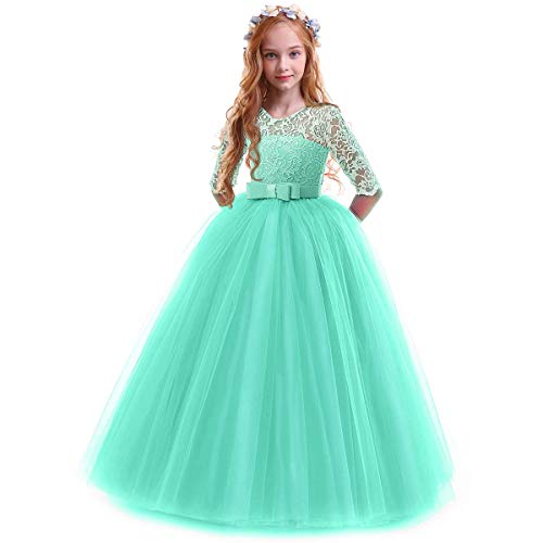 IWEMEK Elegant Brautjungfer Kleider für Mädchen Blumenmädchen Hochzeitskleid 3/4 Arm Spitzenkleid Tüllkleid Prinzessin Festzug Erste Kommunionskleider Weihnachten Karneval Abendkleid Partykleid 13-14 von IWEMEK