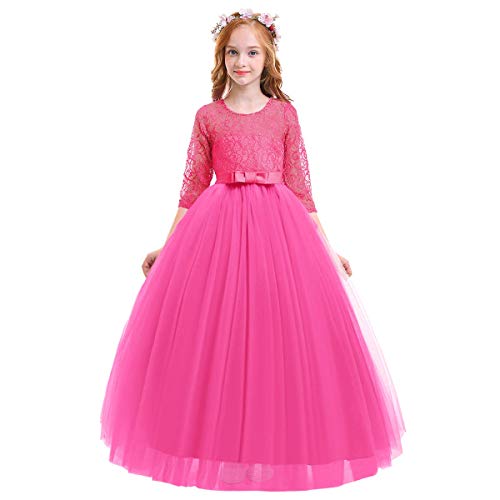IWEMEK Elegant Brautjungfer Kleider für Mädchen Blumenmädchen Hochzeitskleid 3/4 Arm Spitzenkleid Tüllkleid Prinzessin Festzug Erste Kommunionskleider Weihnachten Karneval Abendkleid Partykleid 5-6 von IWEMEK