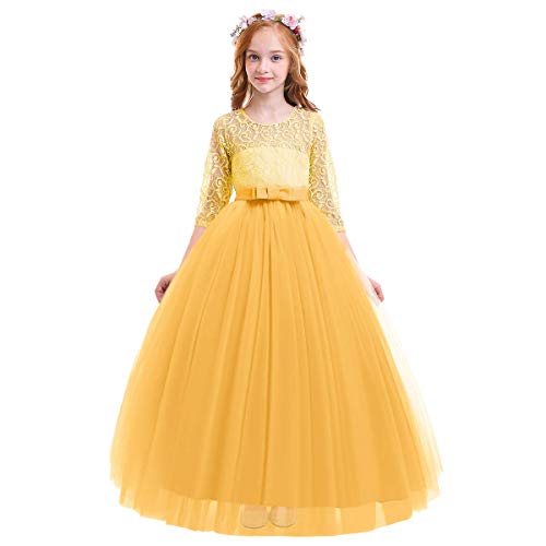 IWEMEK Elegant Brautjungfer Kleider für Mädchen Blumenmädchen Hochzeitskleid 3/4 Arm Spitzenkleid Tüllkleid Prinzessin Festzug Erste Kommunionskleider Weihnachten Karneval Abendkleid Partykleid 5-6 von IWEMEK