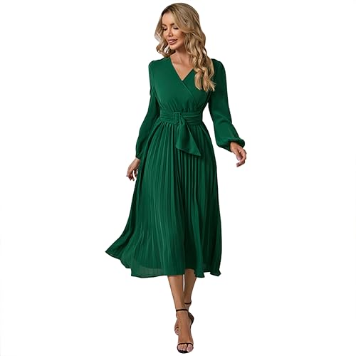 IWEMEK Elegante Damen Langarm Wickel V-Ausschnitt Plissiert A-Linie Maxikleider mit Gürtel Frühling Herbst Winter Freizeit Party Cocktail Hochzeit Gast Homecoming Abendkleid Grün L von IWEMEK