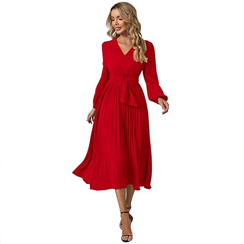 IWEMEK Elegante Damen Langarm Wickel V-Ausschnitt Plissiert A-Linie Maxikleider mit Gürtel Frühling Herbst Winter Freizeit Party Cocktail Hochzeit Gast Homecoming Abendkleid Rot L von IWEMEK