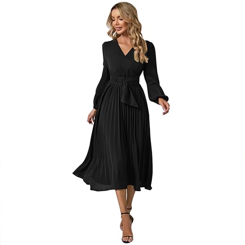 IWEMEK Elegante Damen Langarm Wickel V-Ausschnitt Plissiert A-Linie Maxikleider mit Gürtel Frühling Herbst Winter Freizeit Party Cocktail Hochzeit Gast Homecoming Abendkleid Schwarz M von IWEMEK