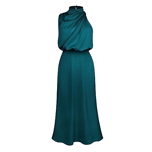 IWEMEK Elegantes Satin-Cocktailkleid für Damen, Brautjungfer, Hochzeit, Gast, formelle Abschlussball, Party, seidige Maxikleider, ärmellos, Stehkragen, elastische Taille, gerüscht, langes Abendkleid, von IWEMEK