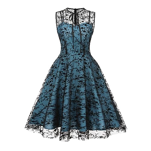 IWEMEK Frauen Mesh Blumenstickerei Vintage Cocktail Swing Kleid Illusion 50er Jahre Goth Ausgestellt A Linie Casual Hochzeit Prom Abendkleid, ozeanblau, X-Groß von IWEMEK
