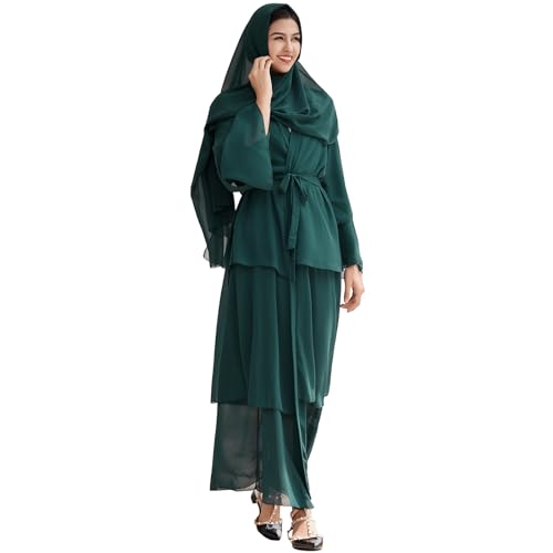 IWEMEK Gebetskleidung für Frauen Offene Front Abaya Muslim Damen Kaftan Cardigan Chiffon Lang Gestuftes Kleid + Hijab Kopftuch Islamische Dubai Arabisch Kleider Gebetskleid Dunkelgrün XXL von IWEMEK