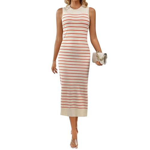 IWEMEK Gestreiftes Strickkleid für Damen Sommerkleid Ärmellos Midikleid Bodycon Tankkleid Freizeitkleider Sommer Midi Kleid Pullover-Kleid Strandkleid Umstandskleid Urlaubskleid Orange M von IWEMEK