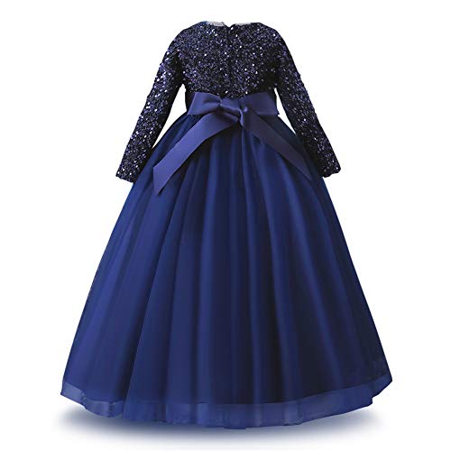 IWEMEK Glitzernde Blume Mädchen Pailletten Tüll Kleid Langarm Bowknot Maxikleid Brautjungfer Hochzeit Partykleid Kinder Erstkommunion Geburtstag Zeremonie Ballkleid Marineblau 9-10 Jahre von IWEMEK