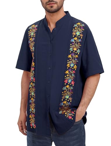 IWEMEK Guayabera Hemd Herren Baumwollhemd Mexikanisches Baumwoll Hemden Männer Sommer-Shirt Kurzarm mit Stickerei Freizeithemden Lässiges Sommerhemd mit Button-Down Marineblau XXL von IWEMEK