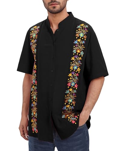 IWEMEK Guayabera Hemd Herren Baumwollhemd Mexikanisches Baumwoll Hemden Männer Sommer-Shirt Kurzarm mit Stickerei Freizeithemden Lässiges Sommerhemd mit Button-Down Schwarz S von IWEMEK