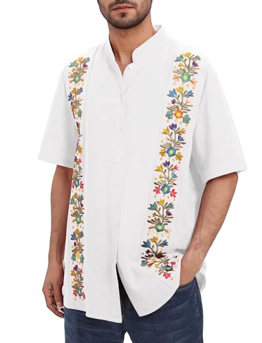 IWEMEK Guayabera Hemd Herren Baumwollhemd Mexikanisches Baumwoll Hemden Männer Sommer-Shirt Kurzarm mit Stickerei Freizeithemden Lässiges Sommerhemd mit Button-Down Weiß XL von IWEMEK