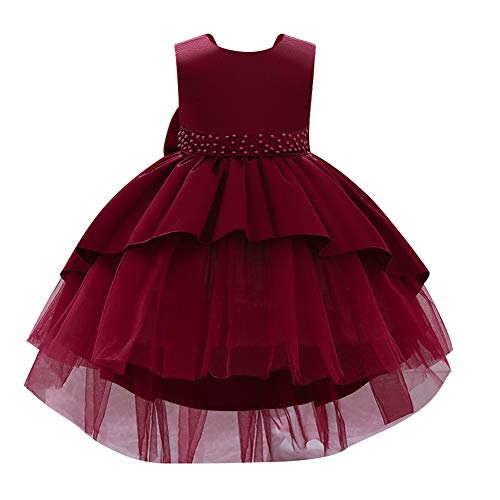 IWEMEK Kinder Baby Mädchen Ärmellos High Low Satin Tüll Abendkleid Bowknot Prinzessin Kleid Blumenmädchen Brautjungfer Brautkleider Kommunion Geburtstagsfeier Ballkleid Weinrot 18-24 Monate von IWEMEK