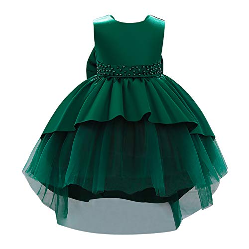 IWEMEK Kinder Baby Mädchen Ärmellos High Low Satin Tüll Abendkleid Bowknot Prinzessin Kleid Blumenmädchen Brautjungfer Brautkleider Kommunion Geburtstagsfeier Prom Ballkleid Dunkelgrün 3-4 Jahre von IWEMEK
