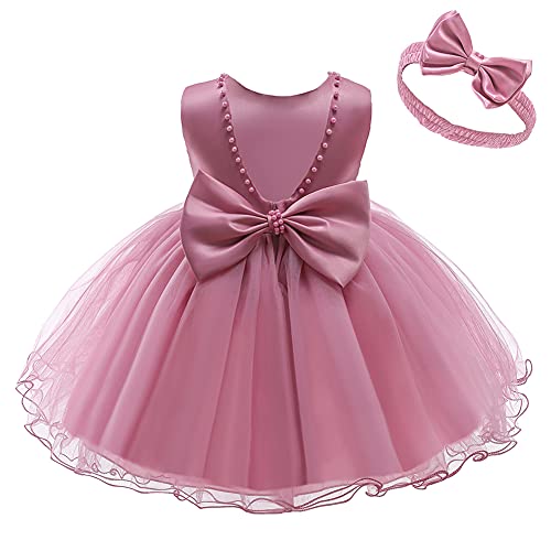 IWEMEK Kinder Baby Mädchen Ärmellos Rückenfrei Schleife Tutu Prinzessin Kleid + Stirnband Taufe Erstkommunion Geburtstag Kleid Blumenmädchen Brautjungfer Hochzeit Ballkleider Dunkelrosa 18-24 Monate von IWEMEK